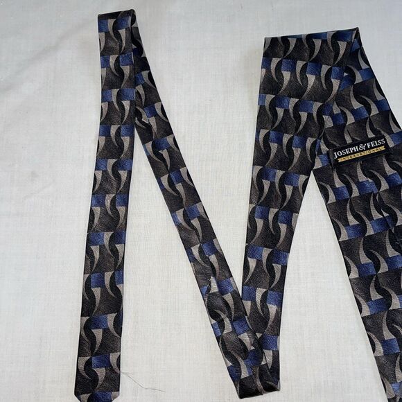 Joseph & Feiss Dress Tie Mens Size 57" Wide Black Blue Geometric 100% Silk - Picture 11 of 12